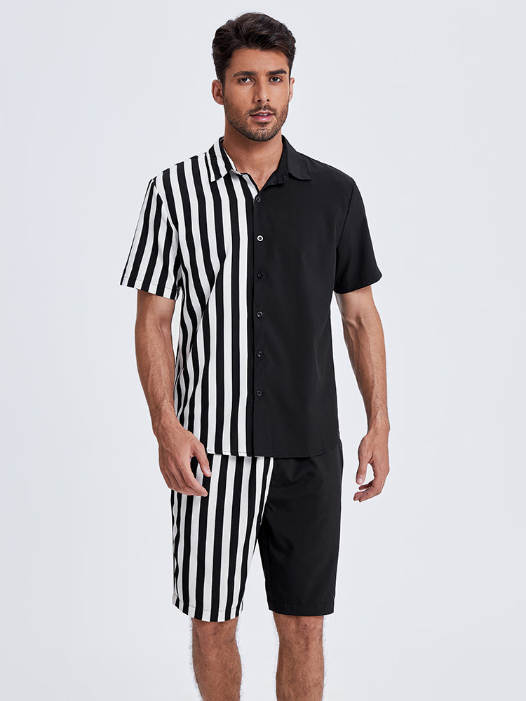 Mens Patchwork Stripe Pocket Drawstring Short Sleeve Two Piece Outfits