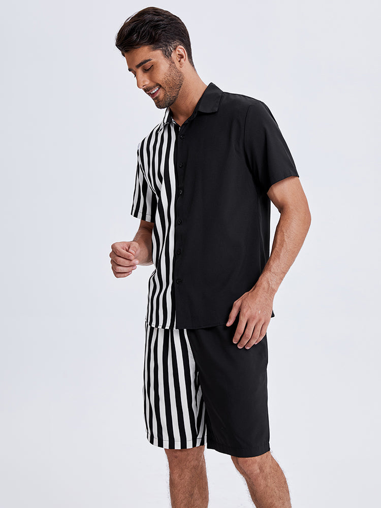 Mens Patchwork Stripe Pocket Drawstring Short Sleeve Two Piece Outfits