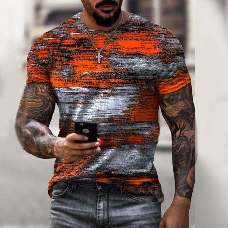 Mens Modern Orange And Grey Art Print Short Sleeve Crew Neck T-Shirt