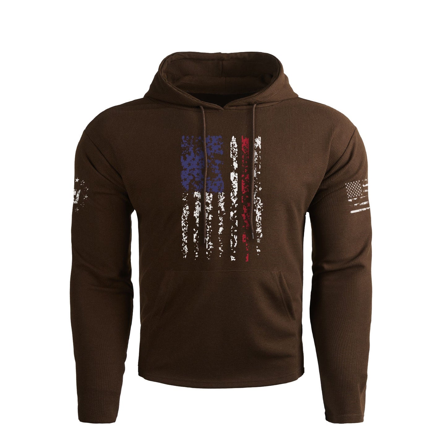 Men's Waffle American Flag Graphic Pocket Pullover Hoodies-Regular Fit Breathable
