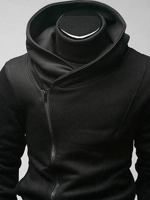 Side Zip Up Long Sleeve Plain Neck Hoodie For Men