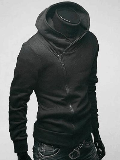 Side Zip Up Long Sleeve Plain Neck Hoodie For Men