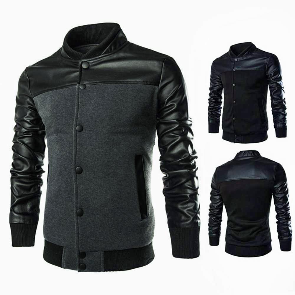 Men's Stand Collar Jacket Stylish Patchwork Design Slim Fit