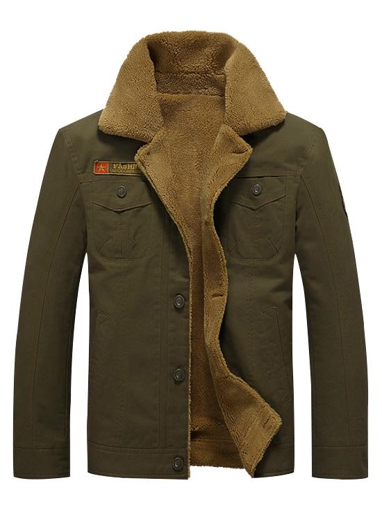 Men's Solid Color Appliques Button Up Plush Jacket Coat