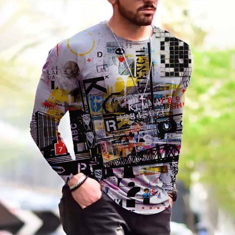 Men's Abstract Vintage Painting Print Long Sleeve T-shirt