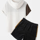 Mens Waffle Knit Color Block Patchwork Loose Short Sleeve Hooded Two Pieces Outfits SKUI05044