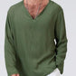 Linen ethnic style loose men's V-neck solid color long-sleeved t-shirt