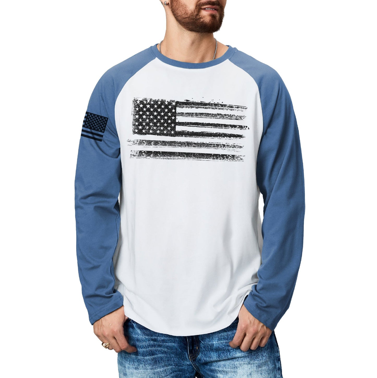 Men's Patriotic American Flag Raglan Sleeve Long Sleeve T-shirts