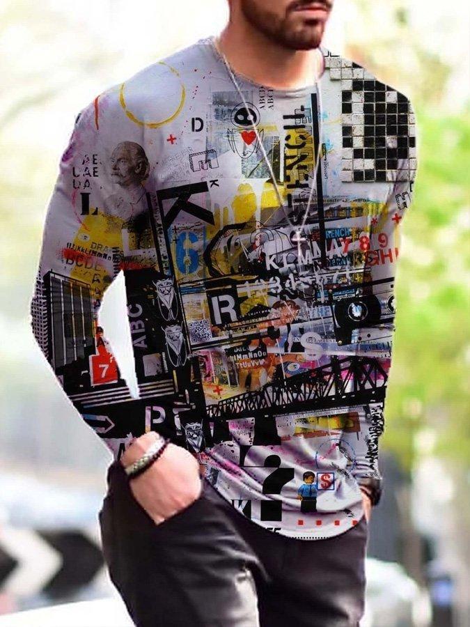 Men's Abstract Vintage Painting Print Long Sleeve T-shirt