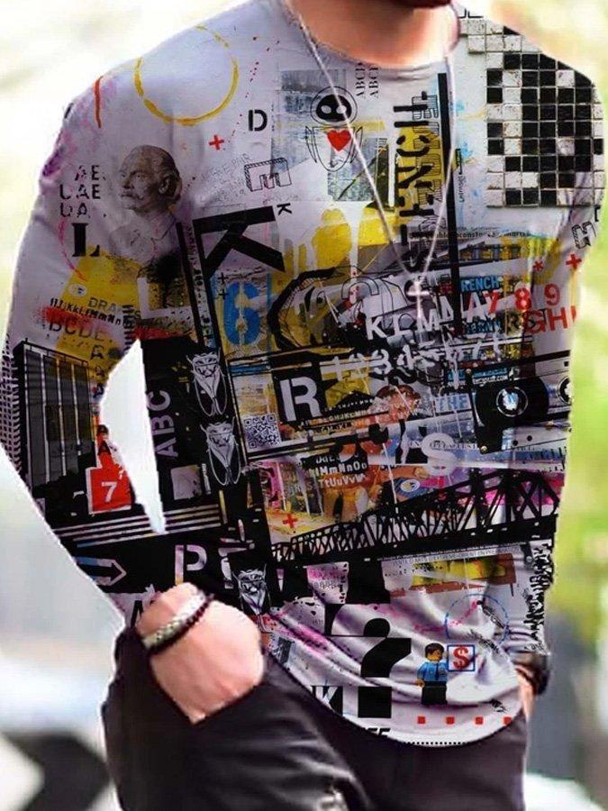 Men's Abstract Vintage Painting Print Long Sleeve T-shirt