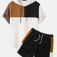 Mens Waffle Knit Color Block Patchwork Loose Short Sleeve Hooded Two Pieces Outfits SKUI05044