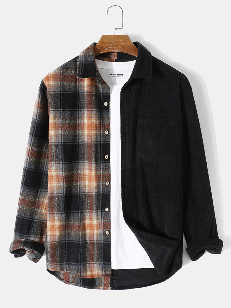 Mens Corduroy Plaid Stitching Button Up Casual Long Sleeve Shirts