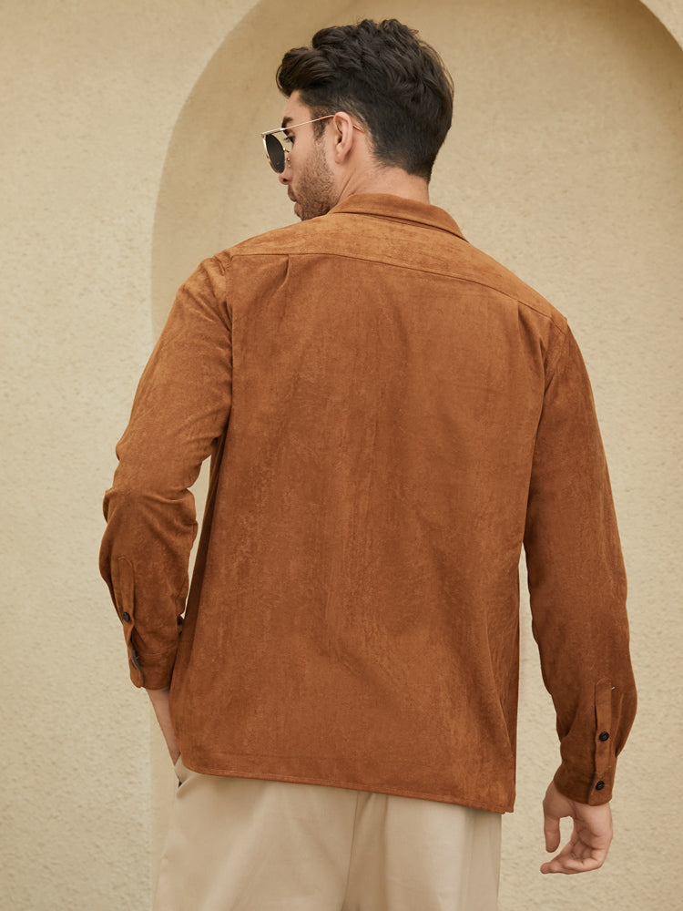 Mens Faux Suede Flap Pocket Lapel Solid Casual Long Sleeve Shirts