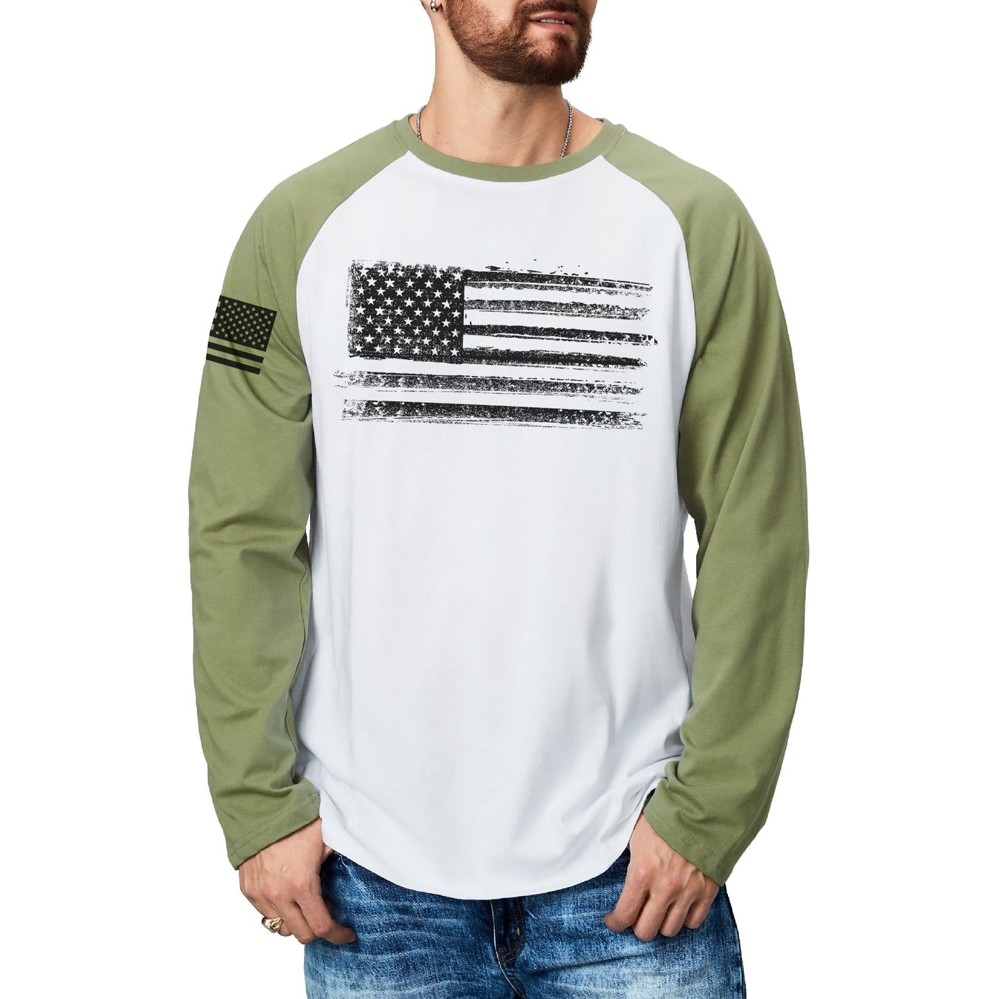 Men's Patriotic American Flag Raglan Sleeve Long Sleeve T-shirts