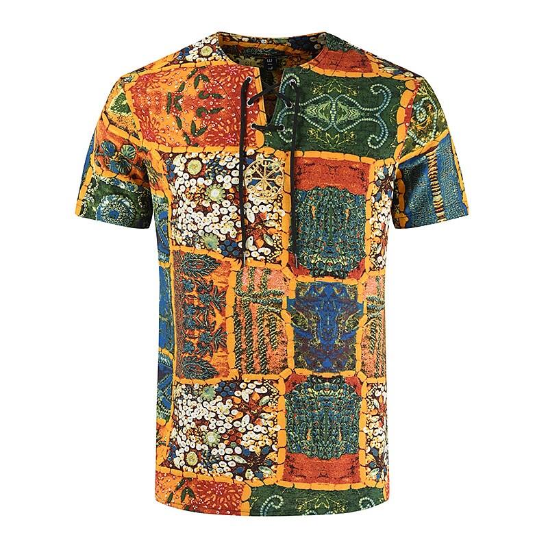 Men's Cotton Linen V-neck T-shirt with Bandage Summer Vintage Printed  YC03 L