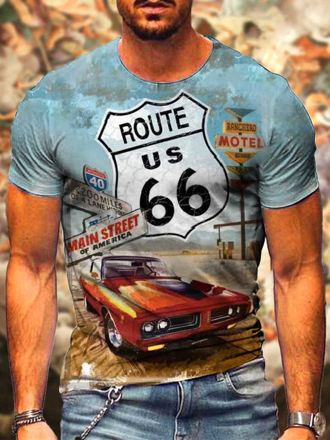 Men's Route 66 Cultural Graphic Print Round Neck Short Sleeve Tee Black 4XL