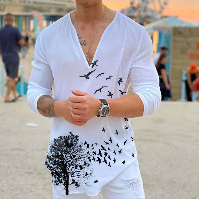 Pre-sale Men's casual V-neck flying bird print T-shirt