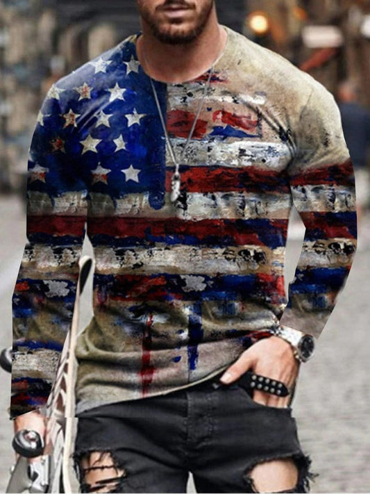 Men's retro casual round neck print long sleeves