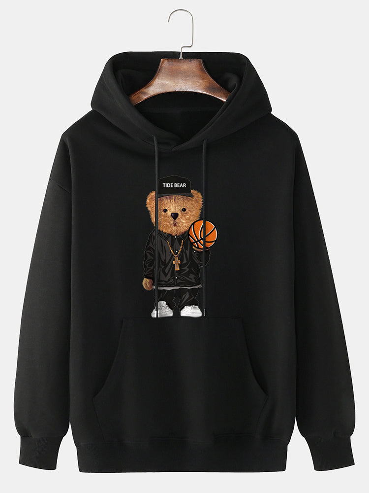 Mens 100% Cotton Cartoon Bear Print Kangaroo Pocket Hoodies