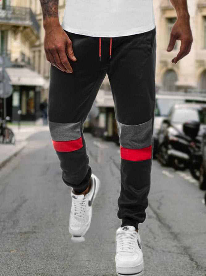 Men's Stretch Waist Stitching Contrast Sports Pants Black M