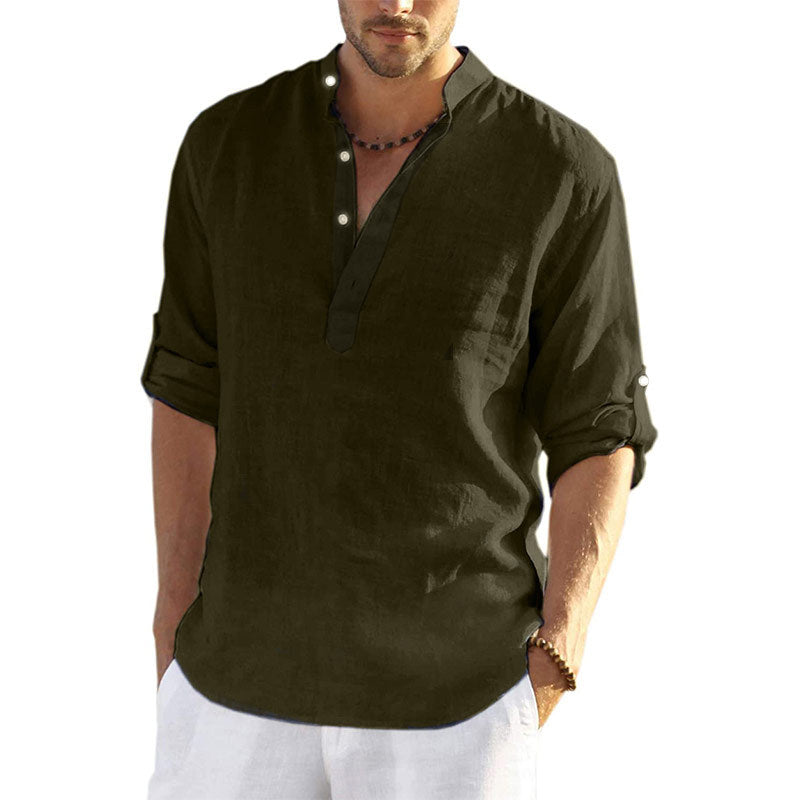 Men's casual cotton and linen solid long-sleeved shirt