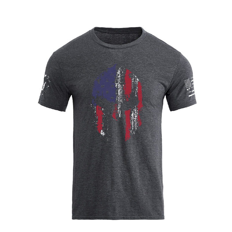 Men's Spartan Helmet American Flag Overlay Graphic Short Sleeve T-Shirt