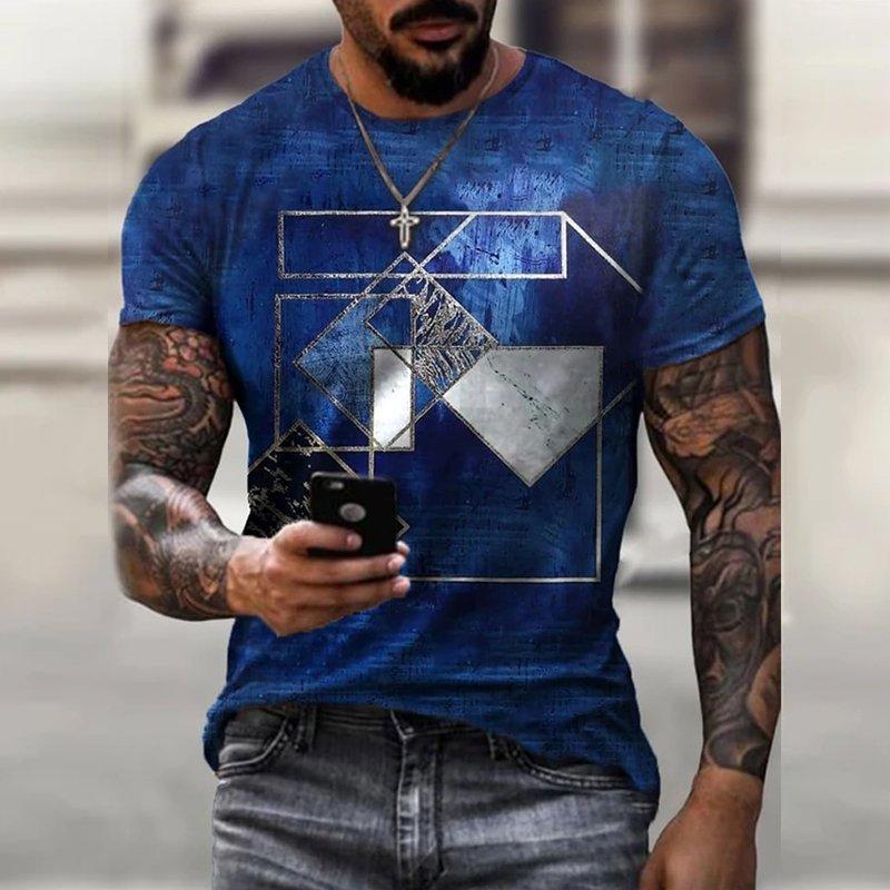 Mens Creative Geometric Navy Colour Art Print Short Sleeve Crew Neck T-Shirt