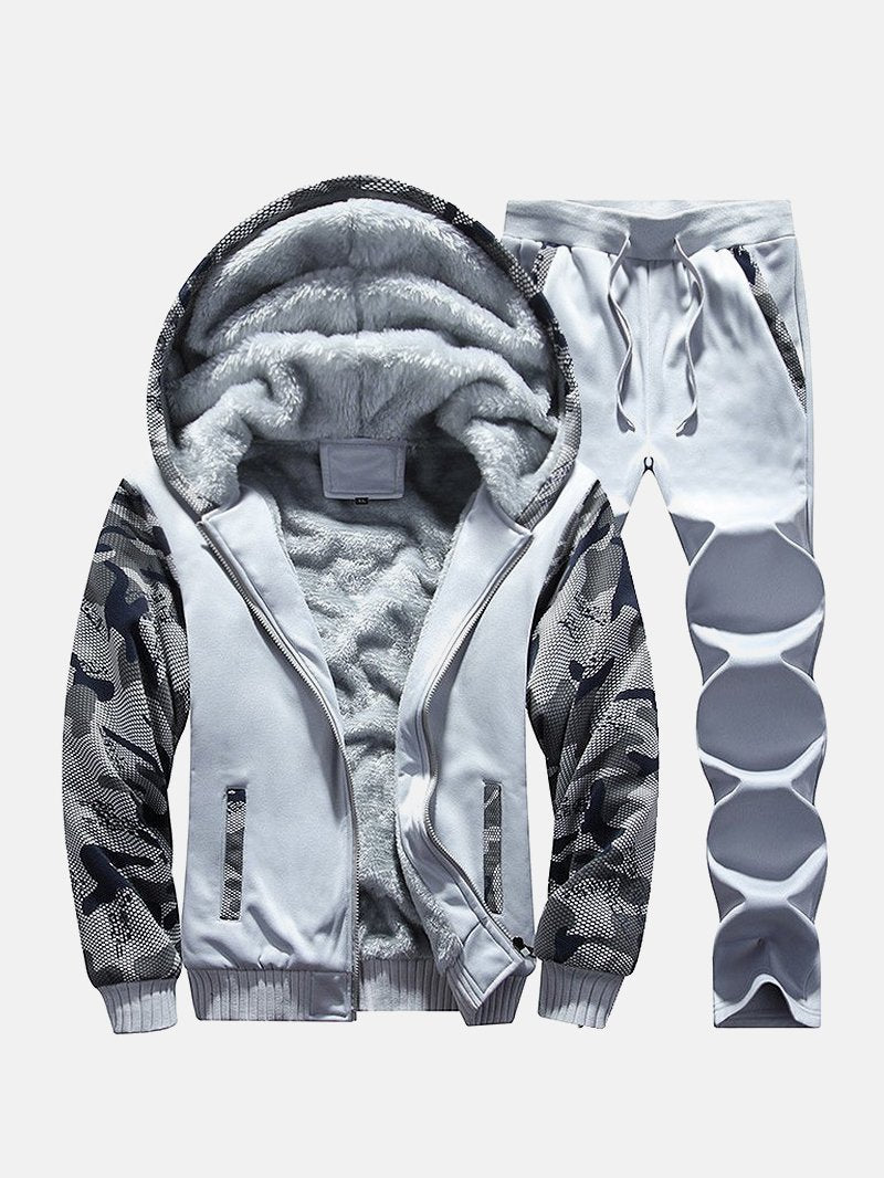 Men Fleeced Color Block Hooded Hoodie Sweatshirt Pants Set