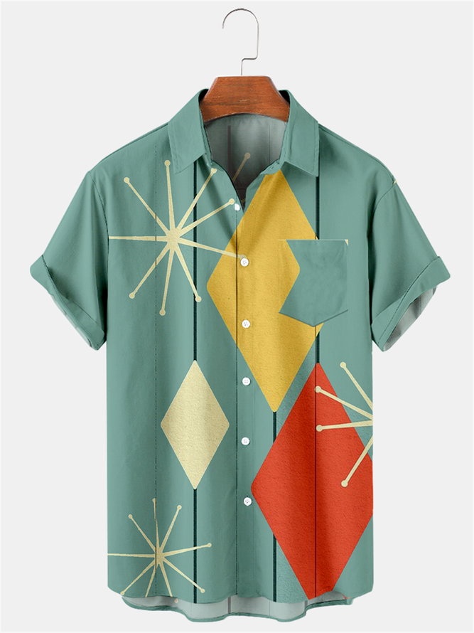 Hawaiian Retro Geometric Abstract Elements Men's Casual Short-sleeved Shirt Green S