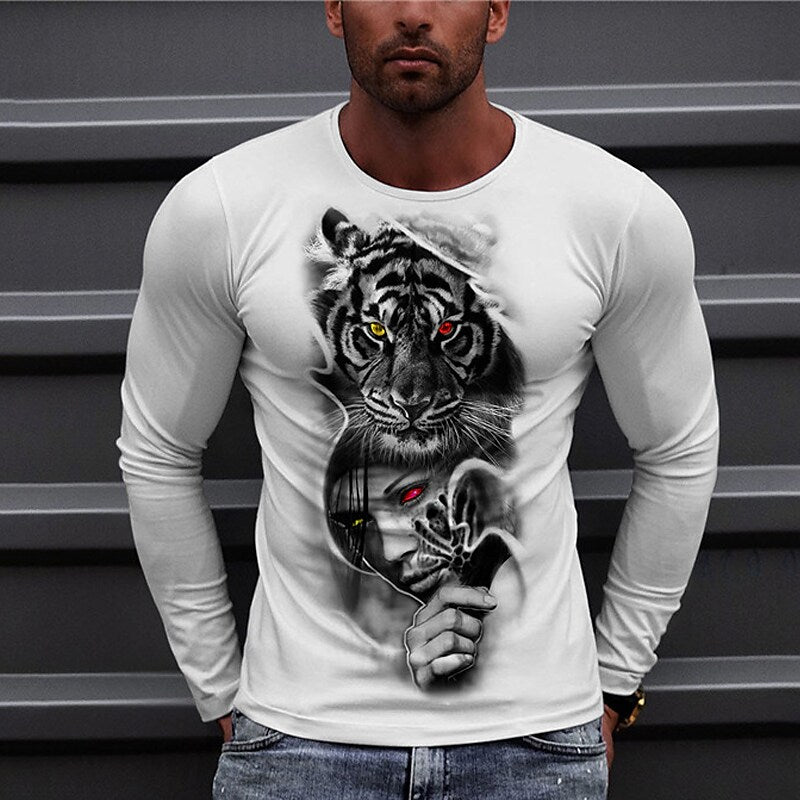 Men's Unisex T shirt 3D Print Graphic Prints Tiger Crew Neck Daily Hol White S