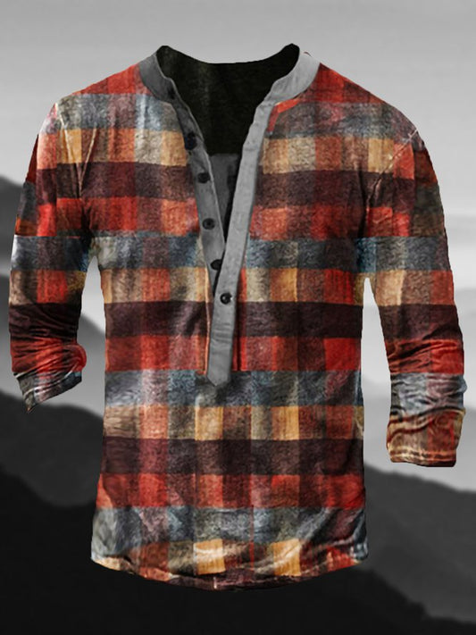 Men's Plaid Half Cardigan Long Sleeve T-Shirt color1 S