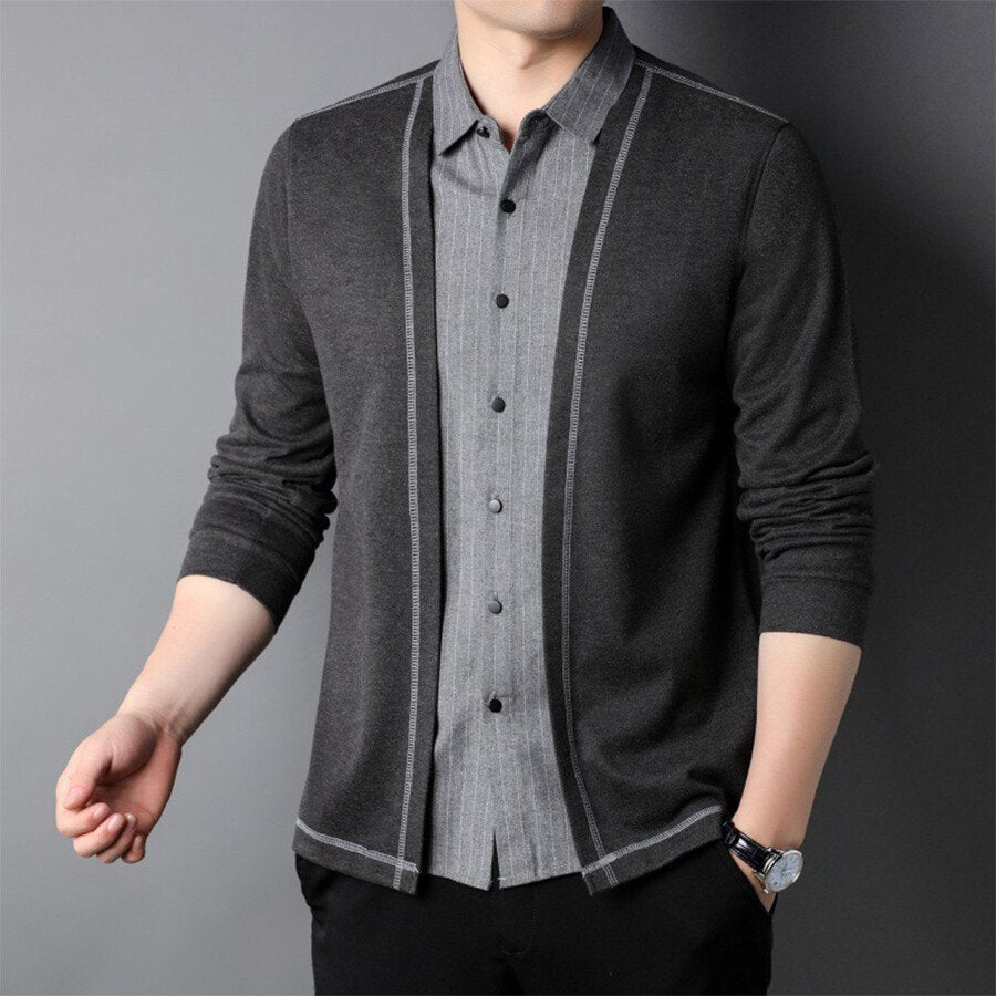 Men&#039;s Casual Knitted =Cardigan Fake Two-Piece Top Black 2XL