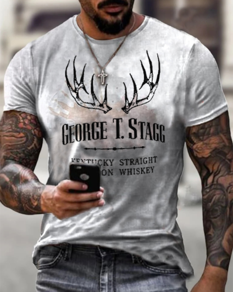 Men's Casual Round Neck Short Sleeve English Antler Print T-shirt