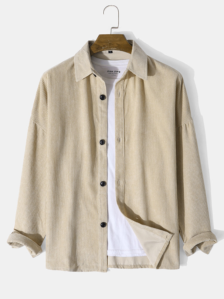 Mens Corduroy Pure Color Lapel Basics Dropped Shoulder Shirts