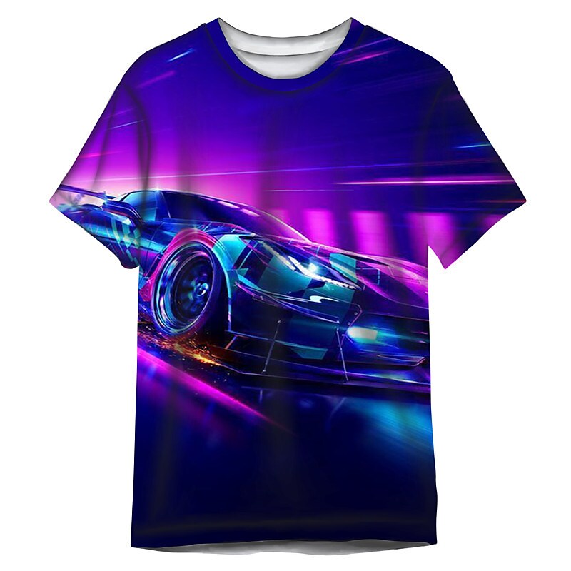 Men's T shirt 3D Print Graphic Car Crew Neck Daily Sports Print Short  Purple XL