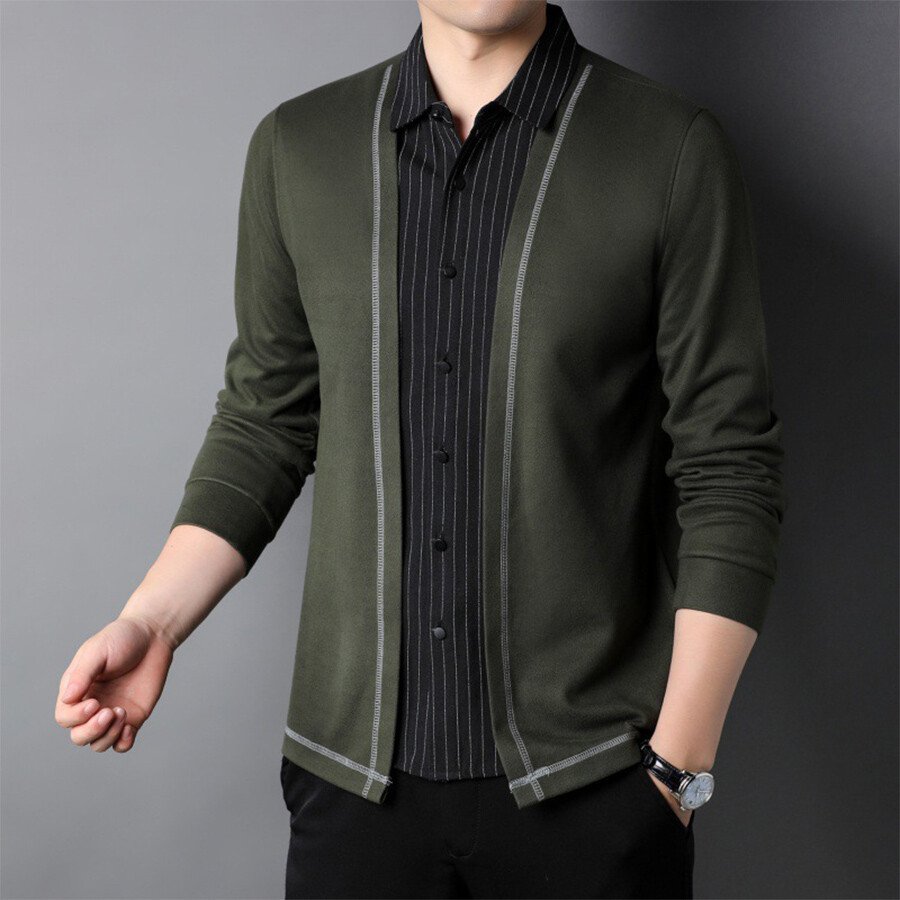 Men&#039;s Casual Knitted =Cardigan Fake Two-Piece Top Black 3XL