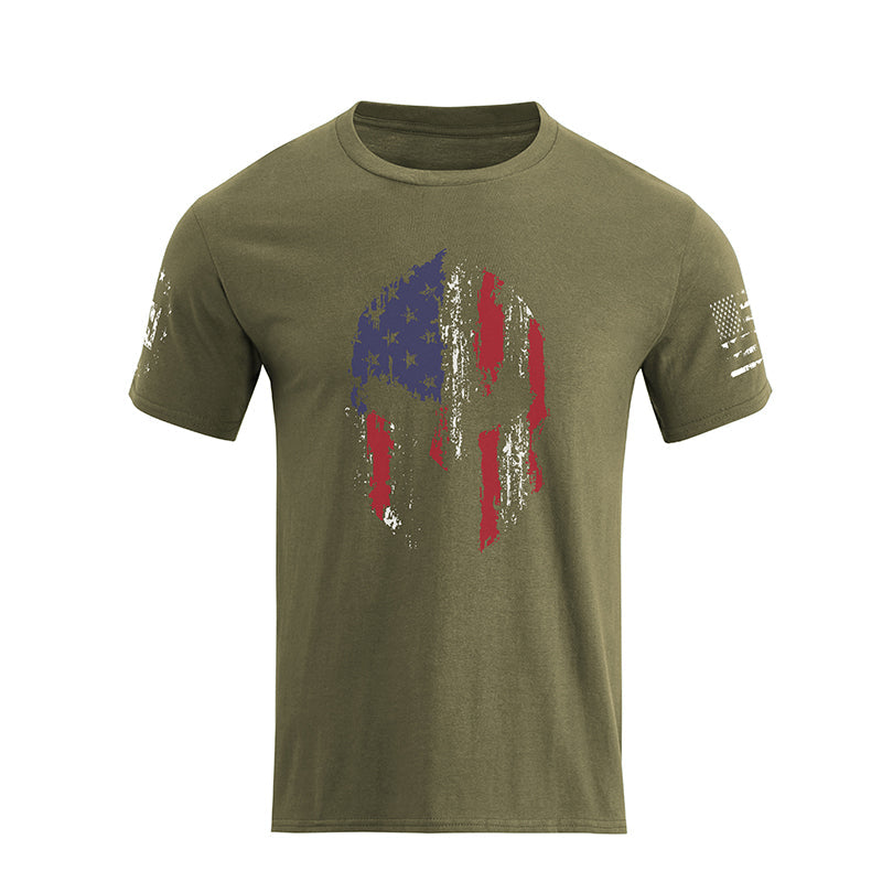 Men's Spartan Helmet American Flag Overlay Graphic Short Sleeve T-Shirt