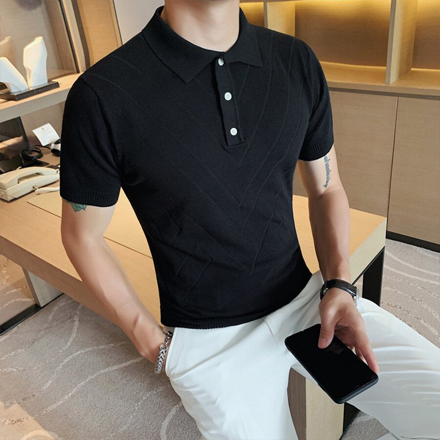 Men&#039;s Solid Color Short-Sleeved Sweater T-Shirt Black S