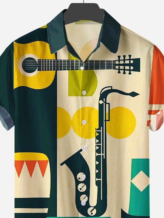 Mens Vintage Guitar and saxophone Print Hawaiian Lapel Shirts As Picture L