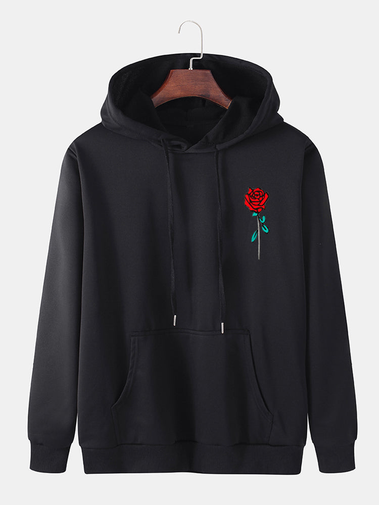 Mens Rose Print Kangaroo Pocket Cotton Casual Drawstring Overhead Hoodies