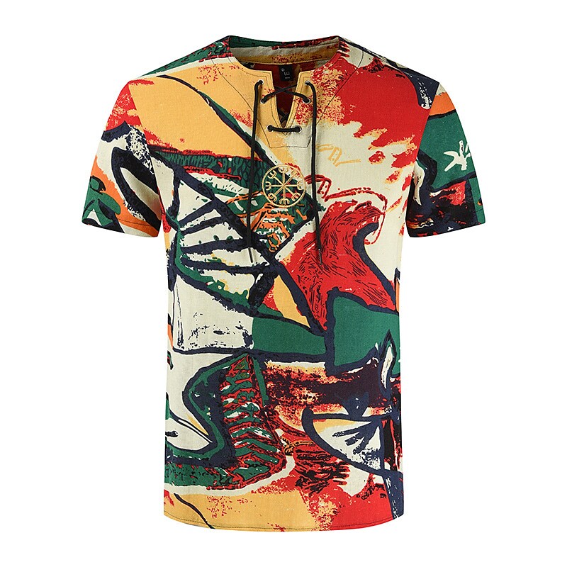 Men's Cotton Linen V-neck T-shirt with Bandage Summer Vintage Printed  YC01 3XL