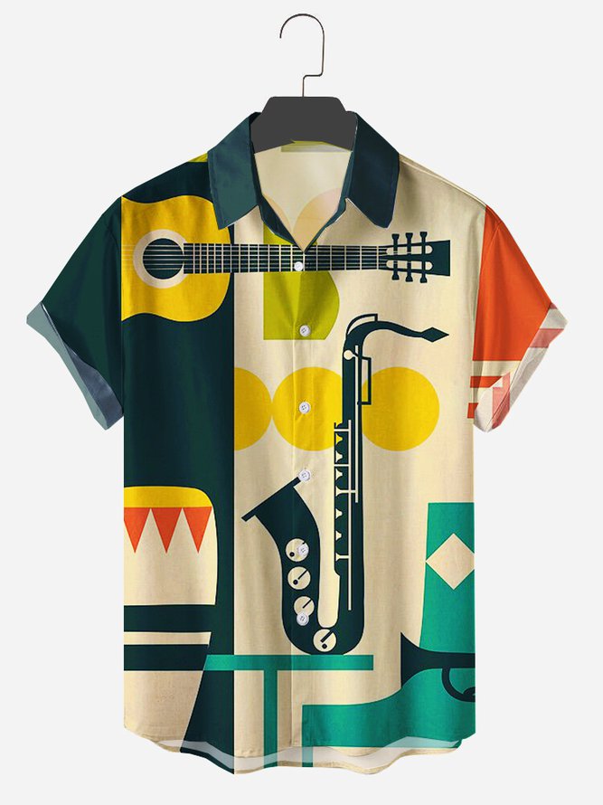 Mens Vintage Guitar and saxophone Print Hawaiian Lapel Shirts As Picture S