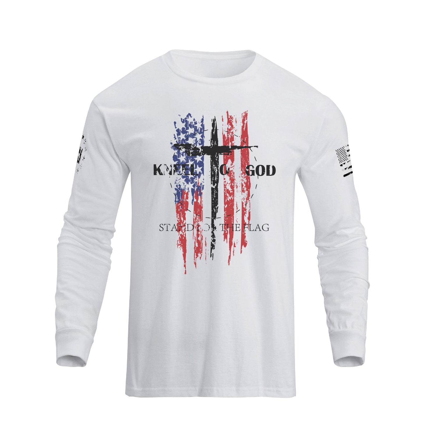 Men's 100% Cotton American Flag with Cross Graphic Round Neck Long Sleeve T-Shirts