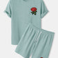 Mens Basic Knitted Rose Embroidery Patch Short Sleeve Casual Two Piece Outfits Cozy Loungewear