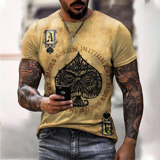 Poker The Ace of Spades Skull Print Short Sleeve T-shirt