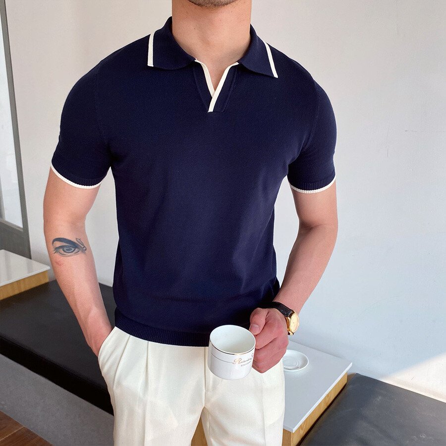 Men&#039;s Casual Striped Short Sleeve Knit T-Shirt White L