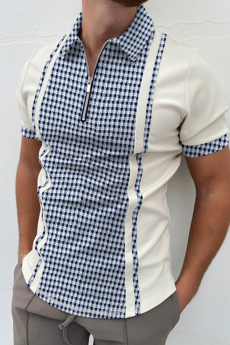 Houndstooth contrast short-sleeved polo shirt