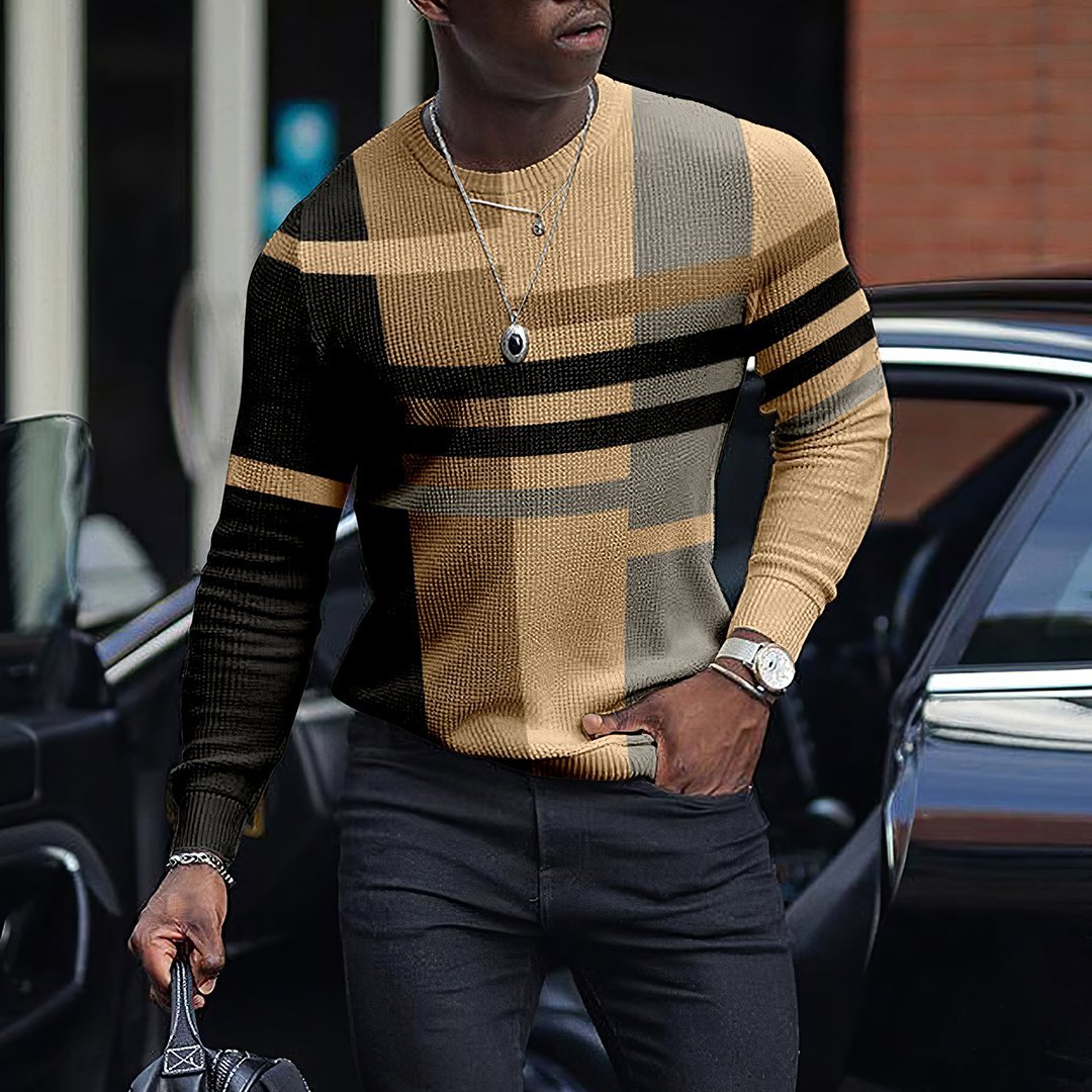 LONG SLEEVE FASHION CONTRAST COLOR ROUND NECK MEN'S TOP