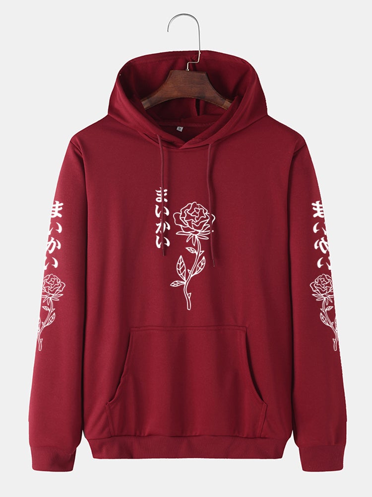 Mens Rose Japanese Print Cotton Drawstring Hoodies With Kangaroo Pocket