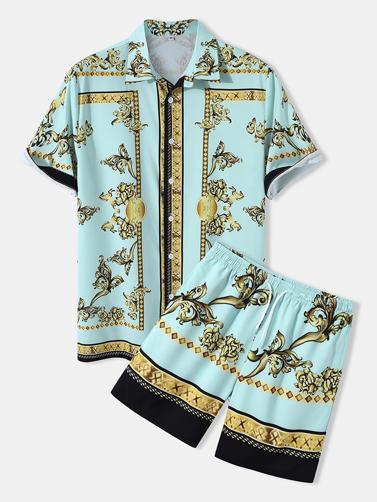 Mens Luxury Baroque Print Short Sleeve Drawstring Two Piece Outfits